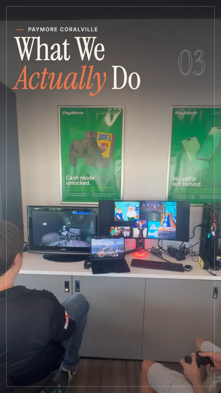 Poster titled What We Actually Do: two customers gaming at the PayMore setup under the store's green brand posters.